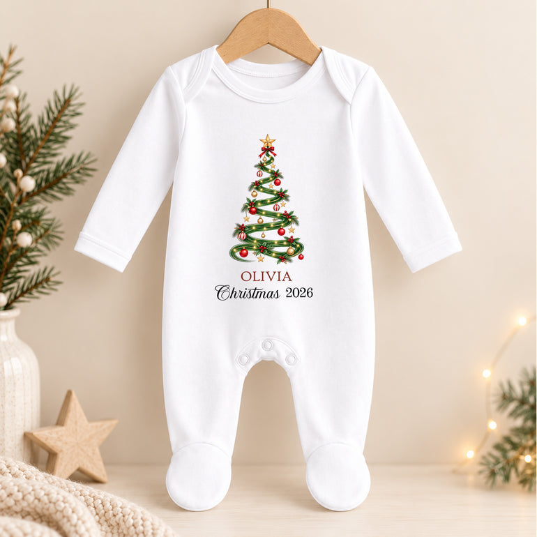 Personalised white Christmas baby grow with traditional festive tree, child name Olivia and custom Christmas year