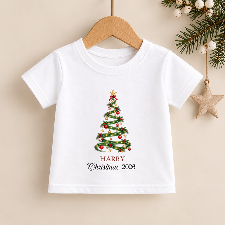 Personalised white kids Christmas T-shirt with festive tree, child name Harry and custom Christmas year