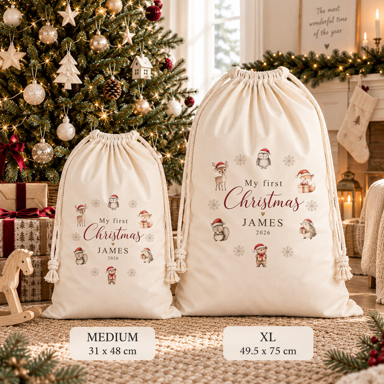 Personalised My First Christmas sack with woodland animals, name and year in Medium 31 x 48 cm and XL 49.5 x 75 cm.