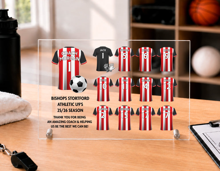 Personalised football team shirt coach plaque with coach shirt, player shirts, names and numbers.