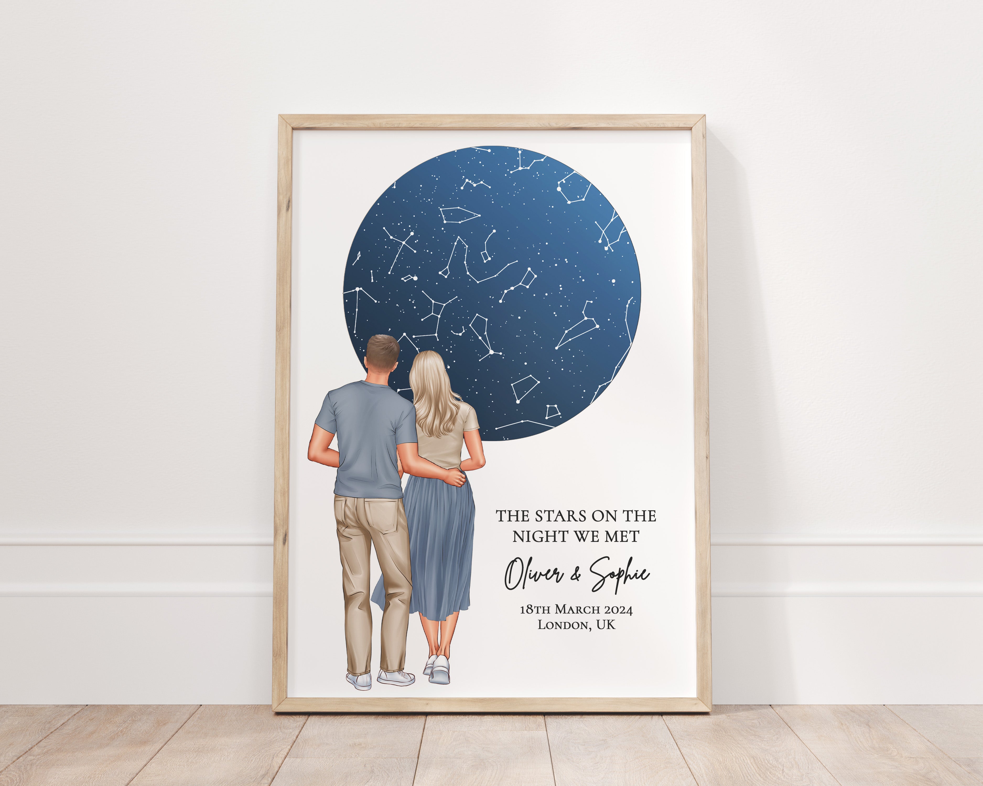 Personalised couple star map illustration print showing the night we met with custom names and date
