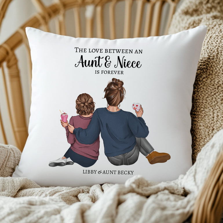 Personalised Aunt and Niece cushion with two custom female characters, names and love between an Aunt and Niece is forever quote