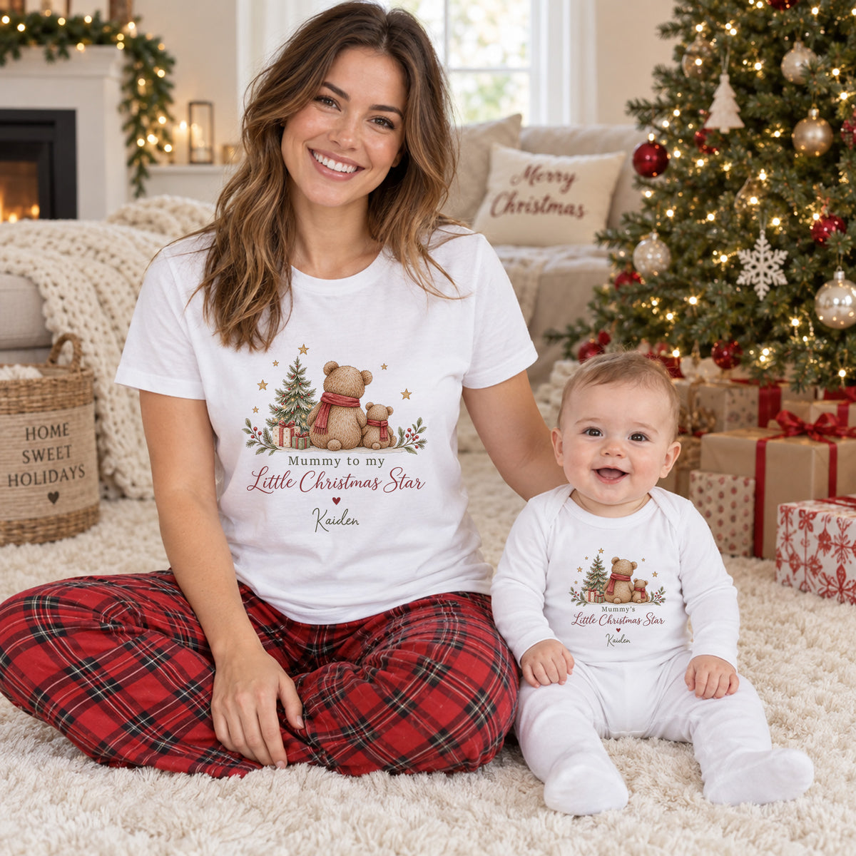 Mummy and baby wearing personalised matching Christmas clothing with teddy bear Little Christmas Star design and child’s name