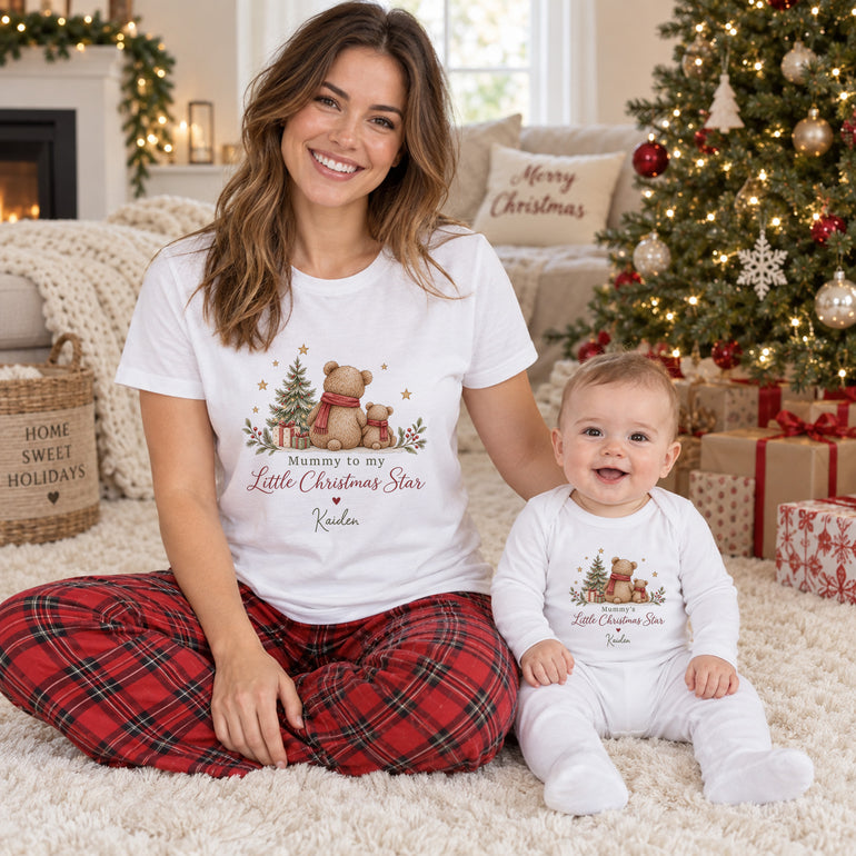 Mummy and baby wearing personalised matching Christmas clothing with teddy bear Little Christmas Star design and child’s name