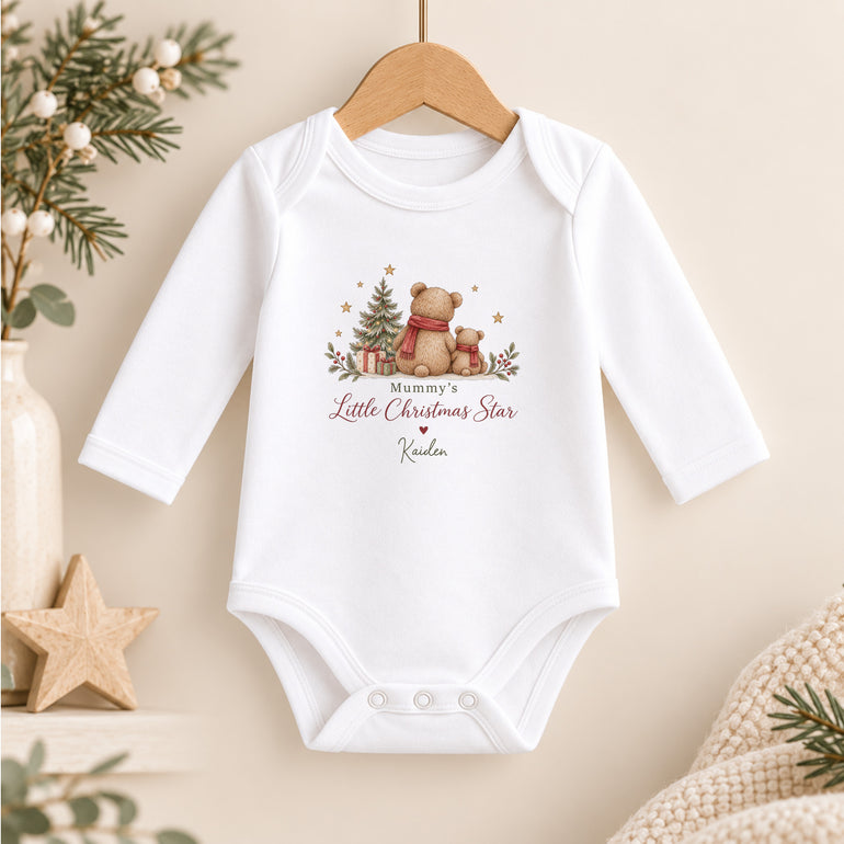 Personalised Mummy’s Little Christmas Star long-sleeve baby vest with festive teddy bear design and child’s name