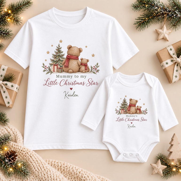 Personalised matching Mummy and baby Christmas clothing with teddy bears, Christmas tree, Little Christmas Star wording and child’s name