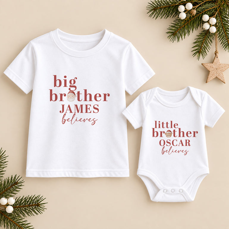 Personalised matching Big Brother and Little Brother Christmas clothing with name, Believes typography and festive character head designs
