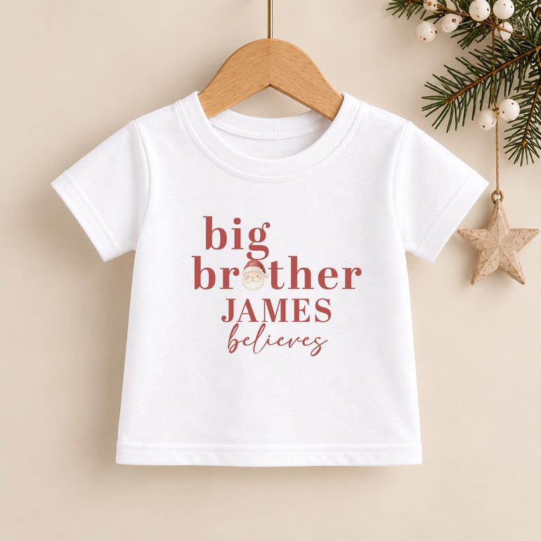 Personalised Big Brother Christmas T-shirt with Santa detail, name James and festive Believes wording
