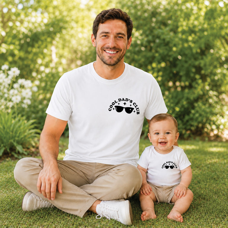 Cool Dad’s Club adult T-shirt and Cool Kid’s Club child T-shirt with front and back printed designs.