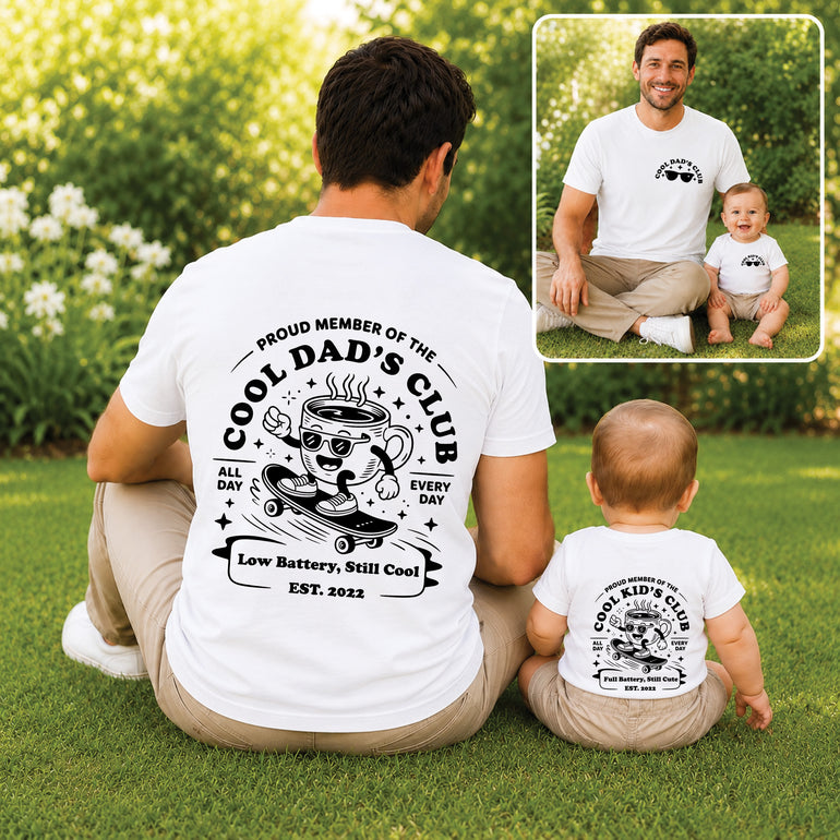 Matching Cool Dad’s Club and Cool Kid’s Club T-shirts with personalised EST year for dad and child.