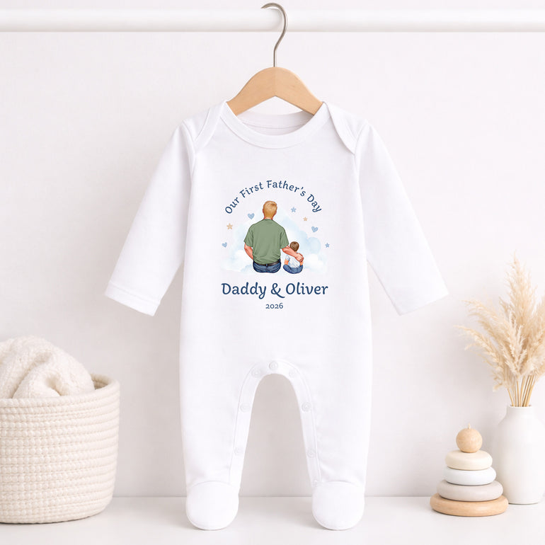 First Fathers Day White baby grow with personalised Daddy and child cloud illustration and custom year