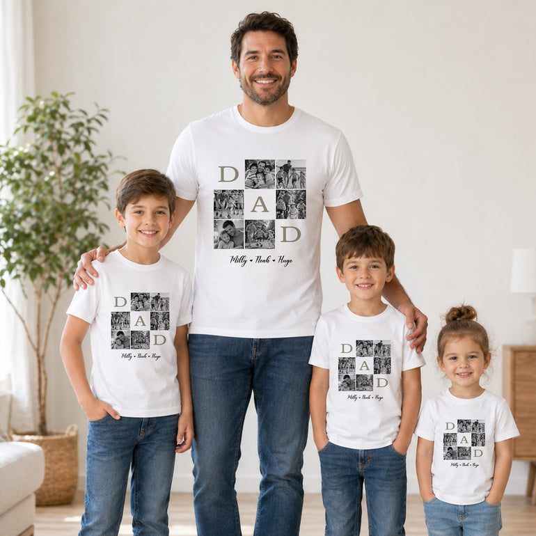 Personalised Dad photo collage Father’s Day outfit with matching adult and children’s T-shirts
