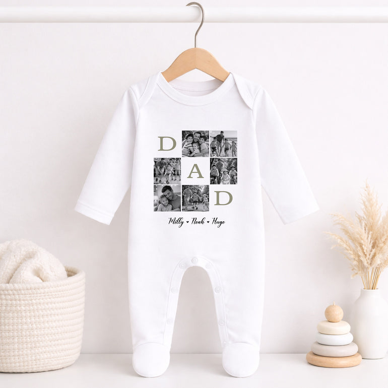 White baby grow with personalised DAD photo collage and child’s name