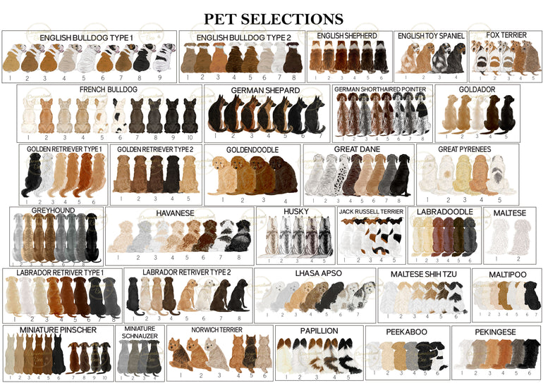 Chart of pet selections with various dog breeds and colors.