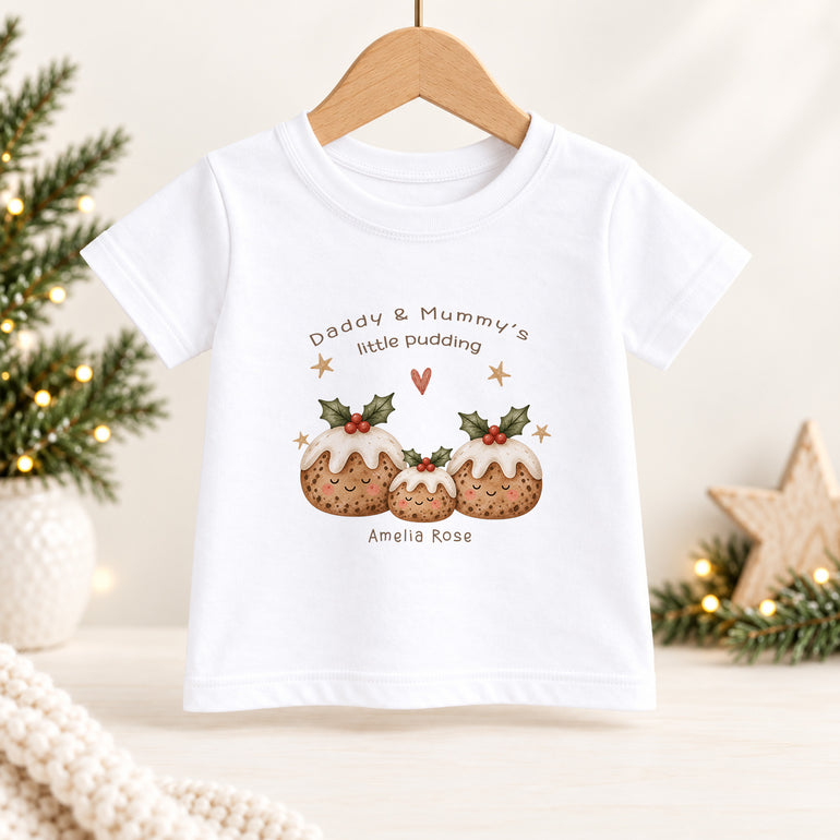 Personalised child Christmas T-shirt with Daddy and Mummy’s Little Pudding wording, festive pudding family and child’s name
