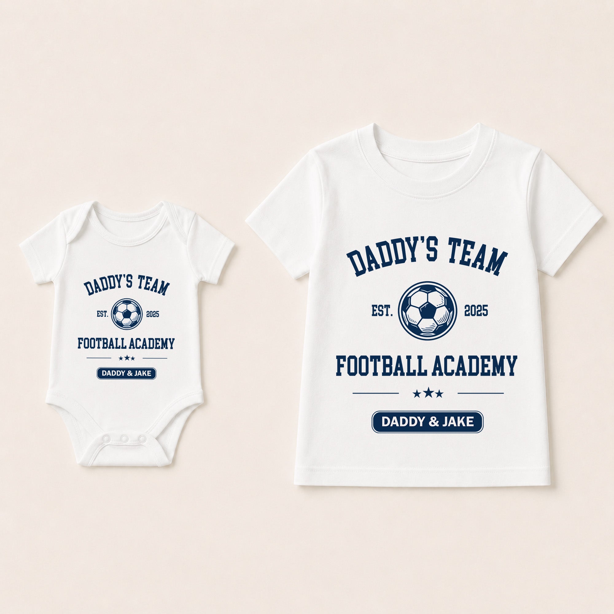 Personalised Daddy’s Team Football Academy matching T-shirts for dad and child with custom name line.