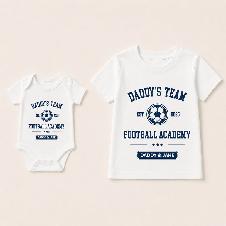 Personalised Daddy’s Team Football Academy matching T-shirts for dad and child with custom name line.