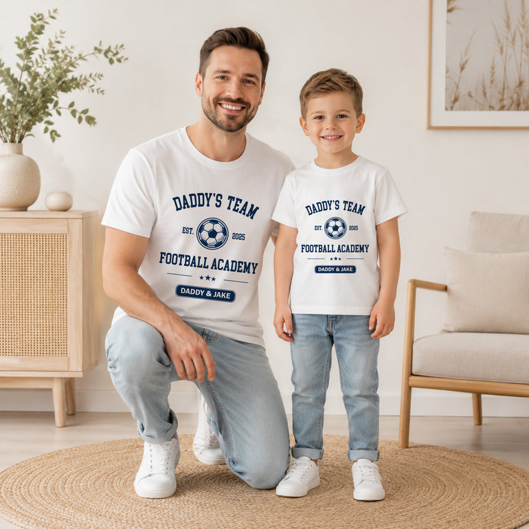 Personalised Daddy’s Team Football T-shirt with football design and name line.
