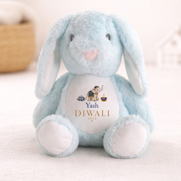 Blue personalised Diwali bunny teddy with blue elephant and child’s name