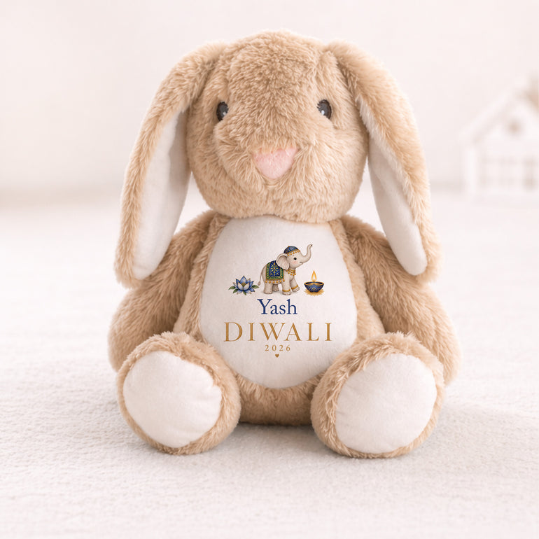 Brown personalised Diwali bunny with blue elephant name and celebration year