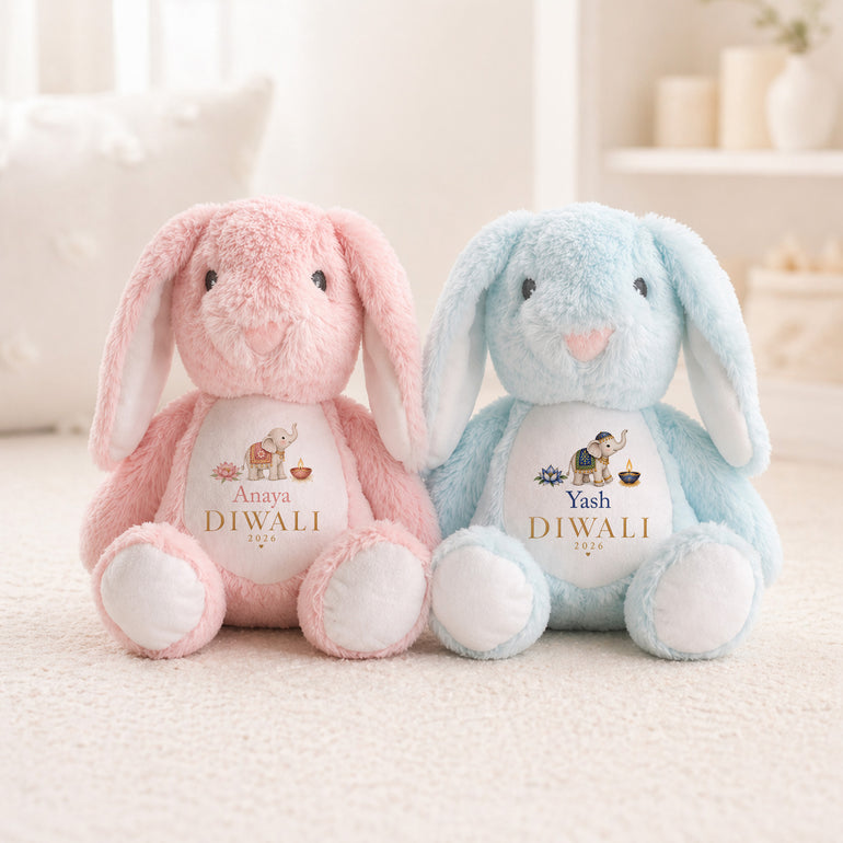 Personalised Diwali bunny teddies with pink and blue elephant name designs
