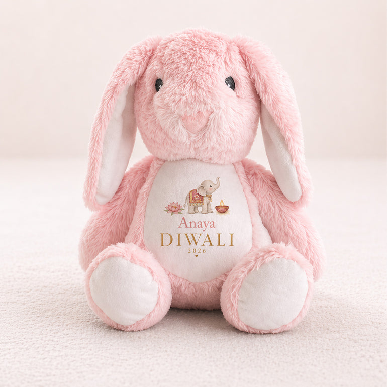 Pink personalised Diwali bunny teddy with elephant design name and year