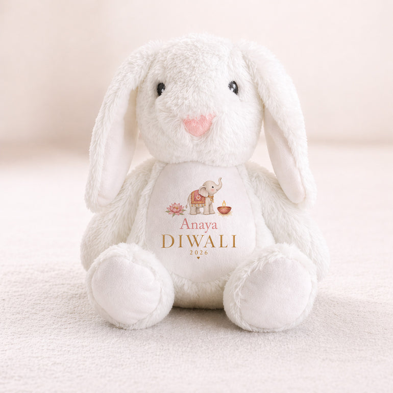 White personalised Diwali bunny with pink elephant name and year design