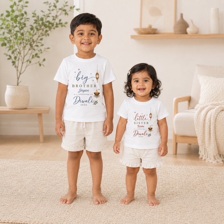 Children wearing matching big brother and little sister personalised Diwali outfits