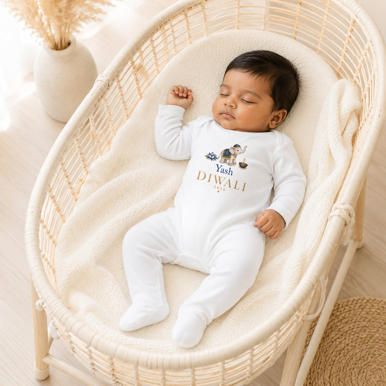 Personalised Diwali baby grow with blue elephant name and year design