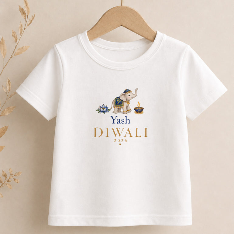 Personalised Diwali children’s T-shirt with blue elephant lotus and diya design