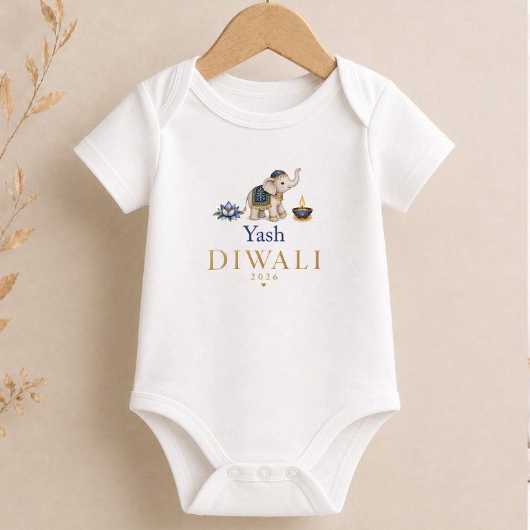 Personalised Diwali baby vest with blue elephant name and chosen year