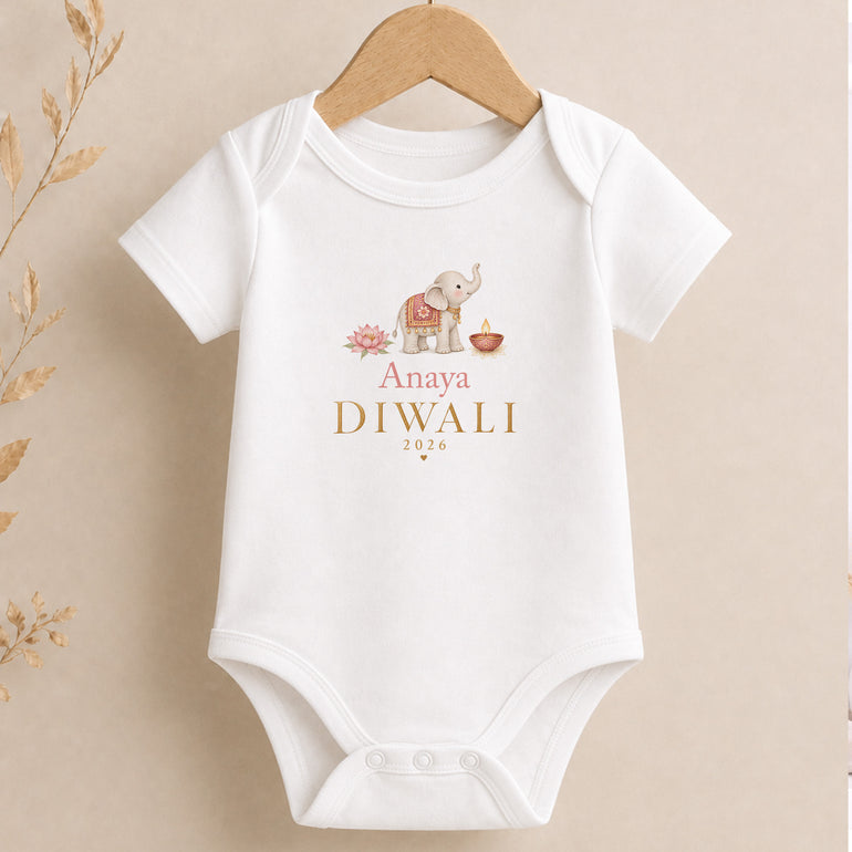 Personalised Diwali baby vest with pink elephant lotus and diya design