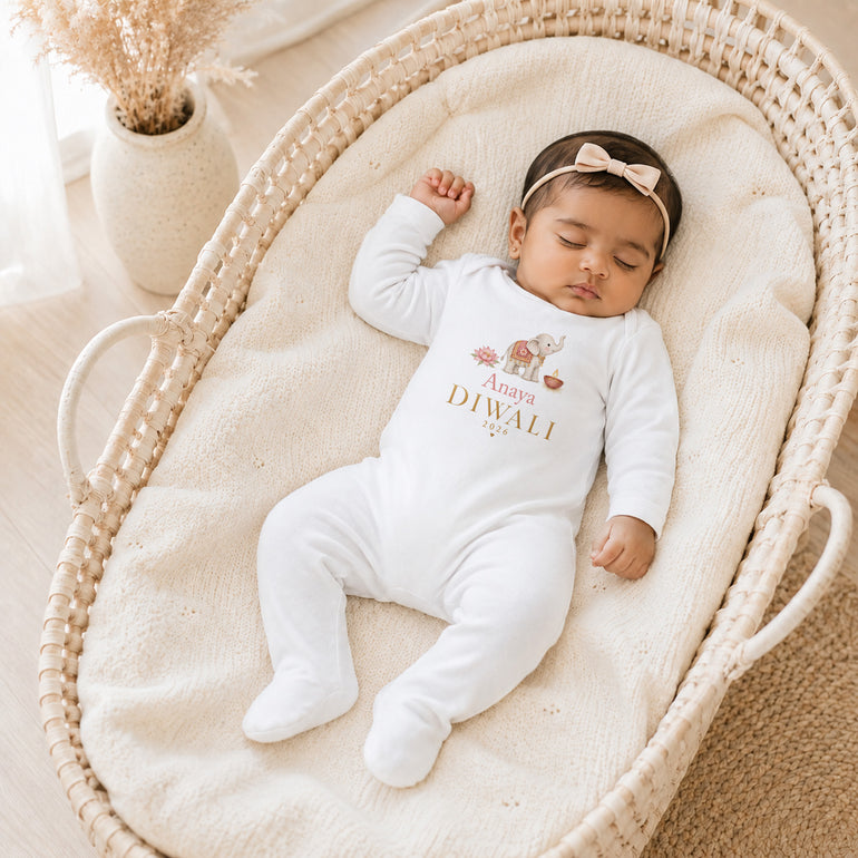 Personalised Diwali baby grow with pink elephant name and celebration year