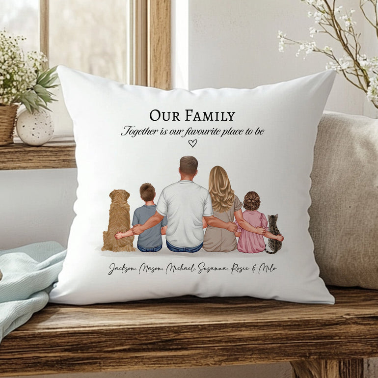 personalised family cushion with names and custom family illustration with pets
