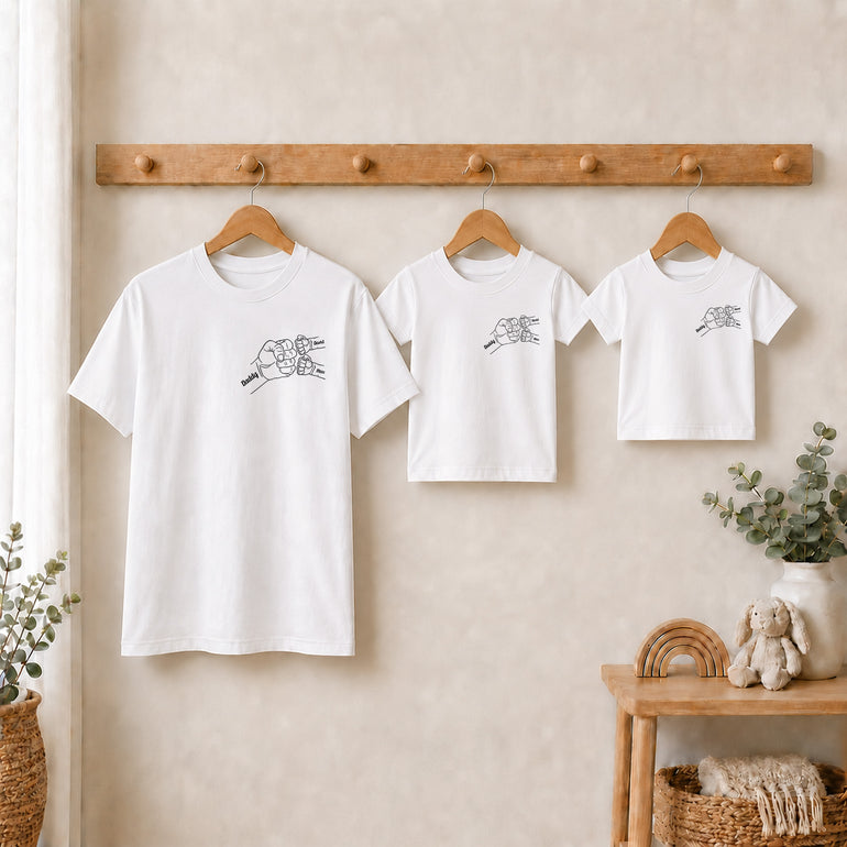White Daddy T-shirt with three child names and personalised fist bump design.