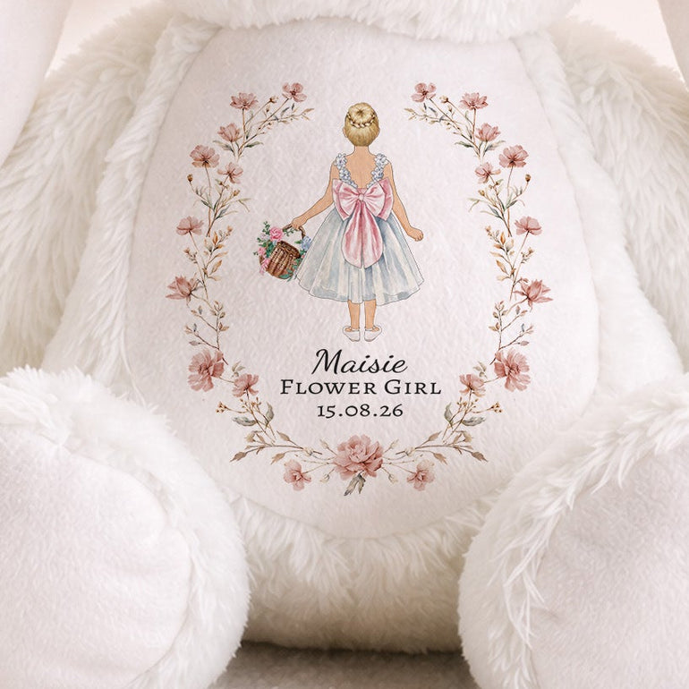 Custom flower girl teddy bunny gift with personalised illustrated flower girl design