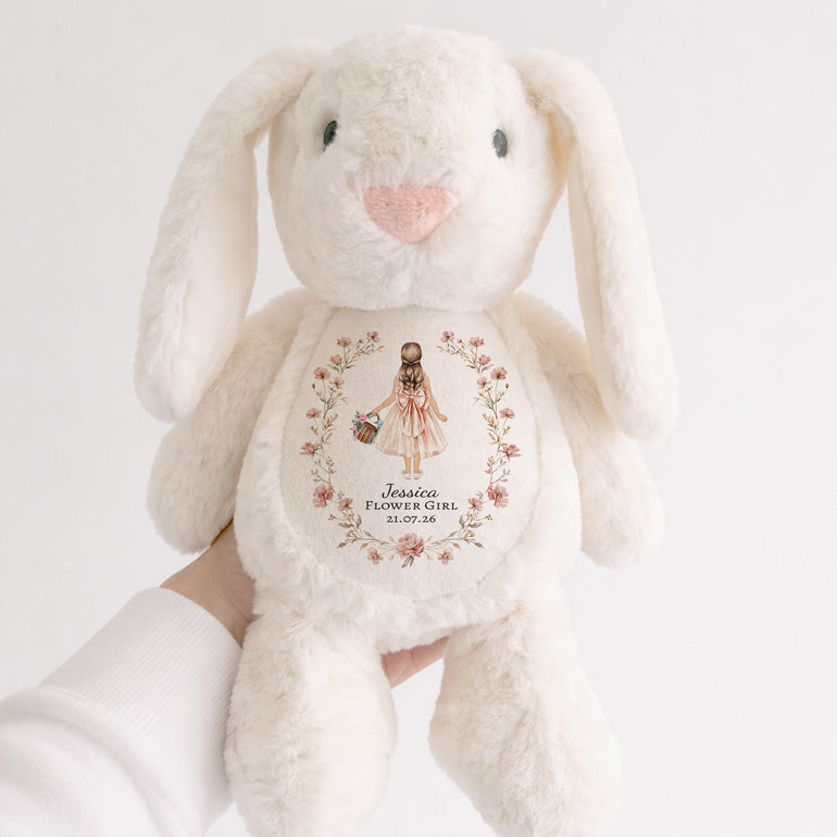 Soft white personalised bunny plush toy for flower girl proposal or thank you gift