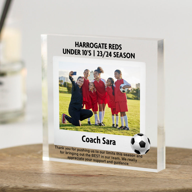 Personalised freestanding football coach gift block with custom team photo, coach name, season title, and thank-you message with football icon.