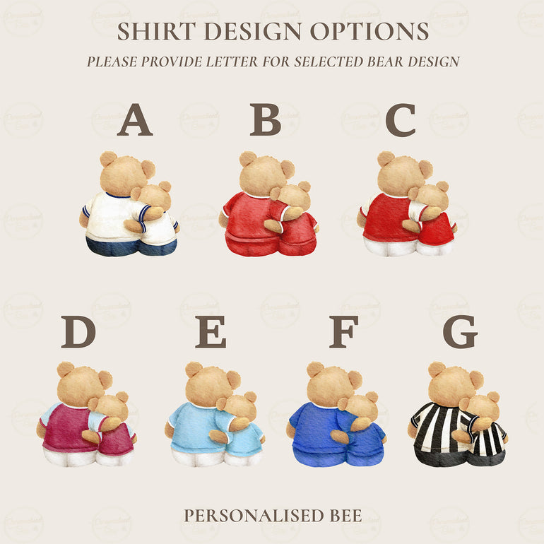 Personalised football bear Father’s Day outfit shown in different football shirt colours.