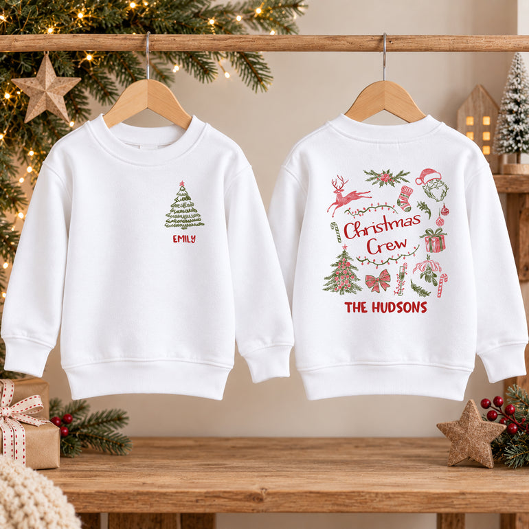 White Christmas Crew family jumper with name on the front and surname on the back, alternative view