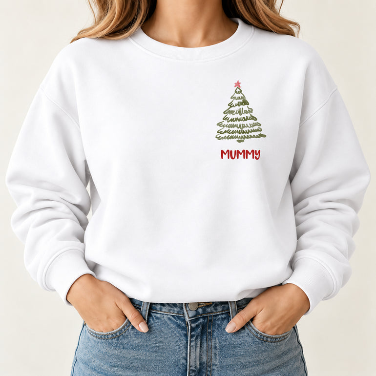 White Christmas Crew family jumper with name on the front and surname on the back, alternative view