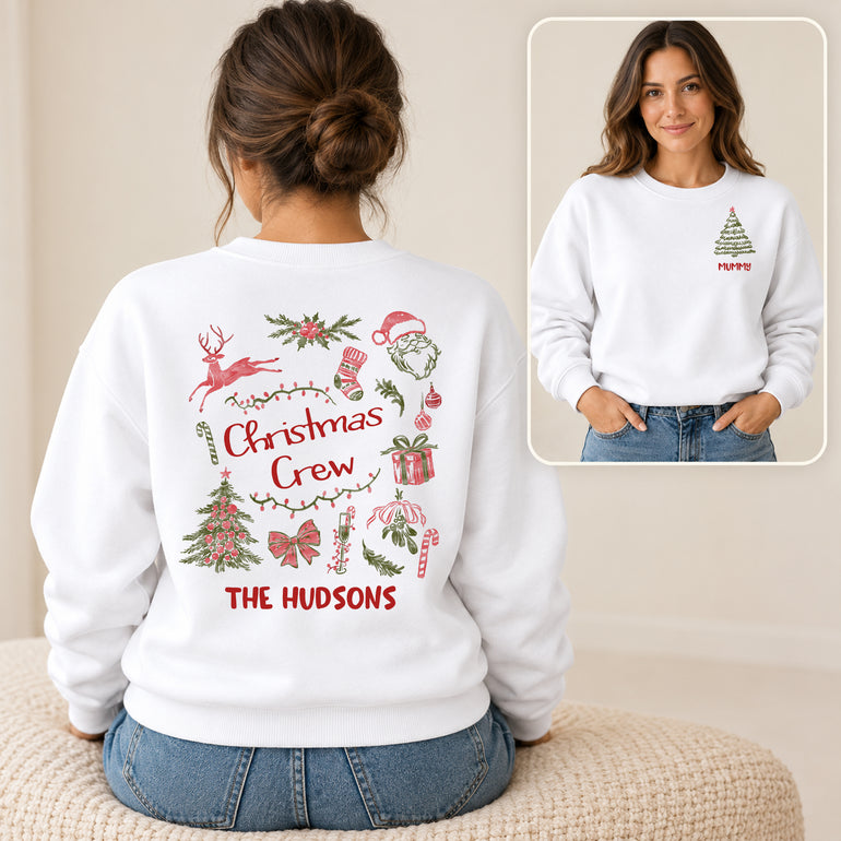 White Christmas Crew family jumper with name on the front and surname on the back, alternative view