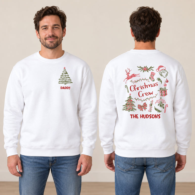 White Christmas Crew family jumper with name on the front and surname on the back, alternative view