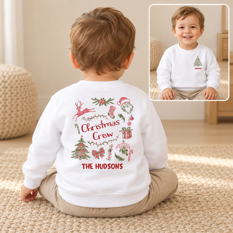 White Christmas Crew family jumper with name on the front and surname on the back, alternative view