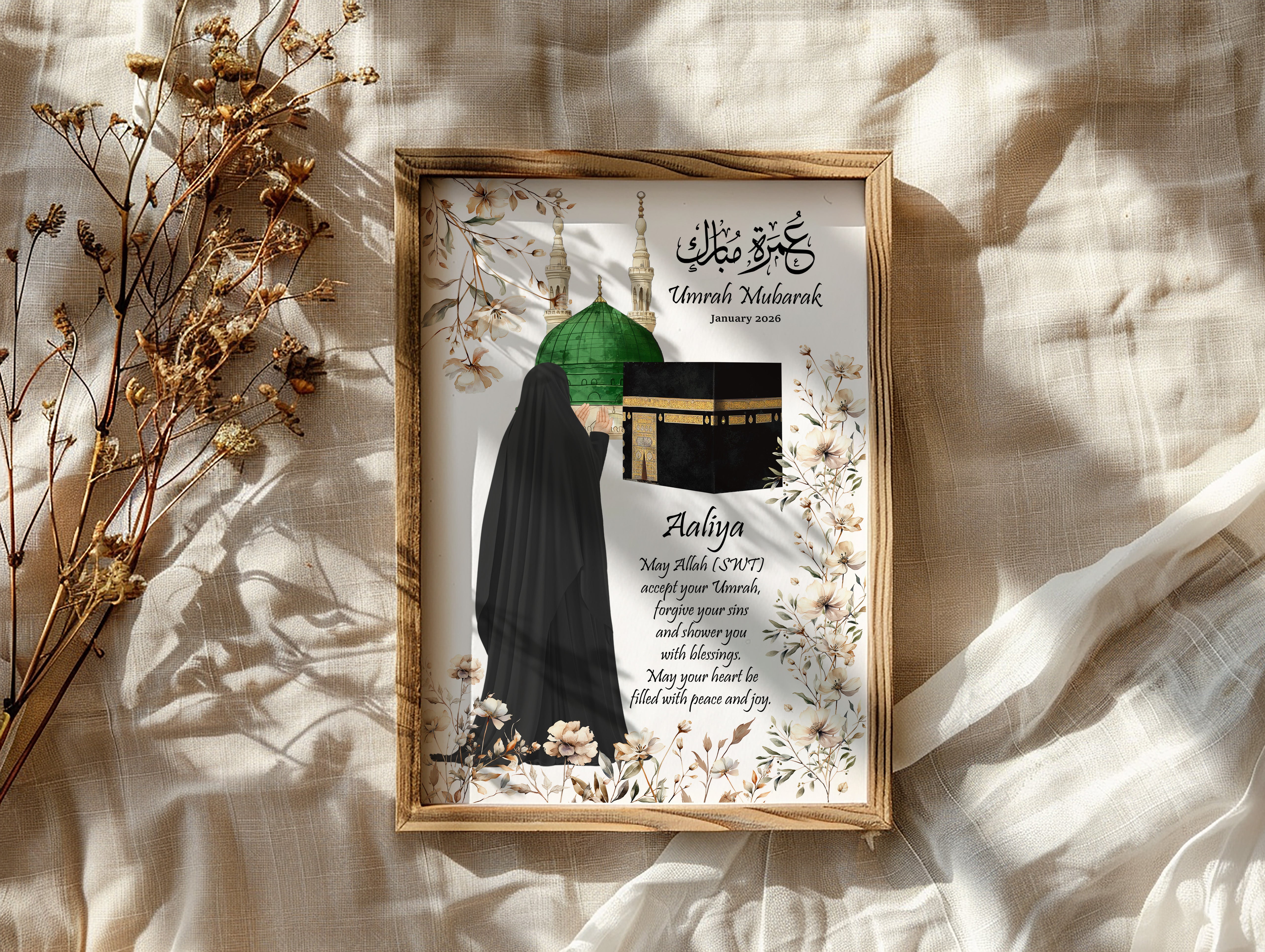 Personalised Umrah Mubarak print for her featuring elegant Islamic artwork and heartfelt wording, unframed wall art gift for women completing Umrah.