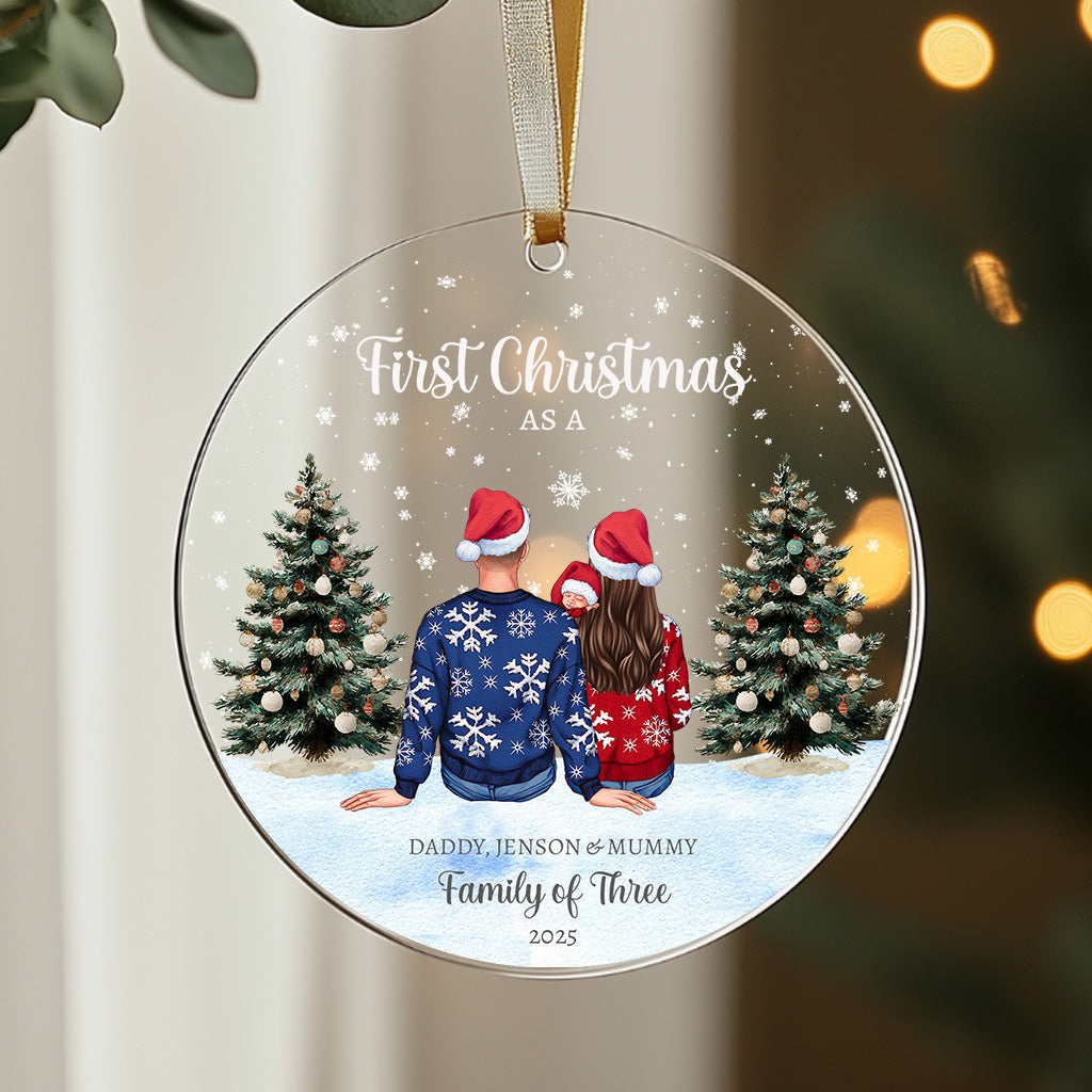 Personalised First Christmas as a Family of Three bauble with baby