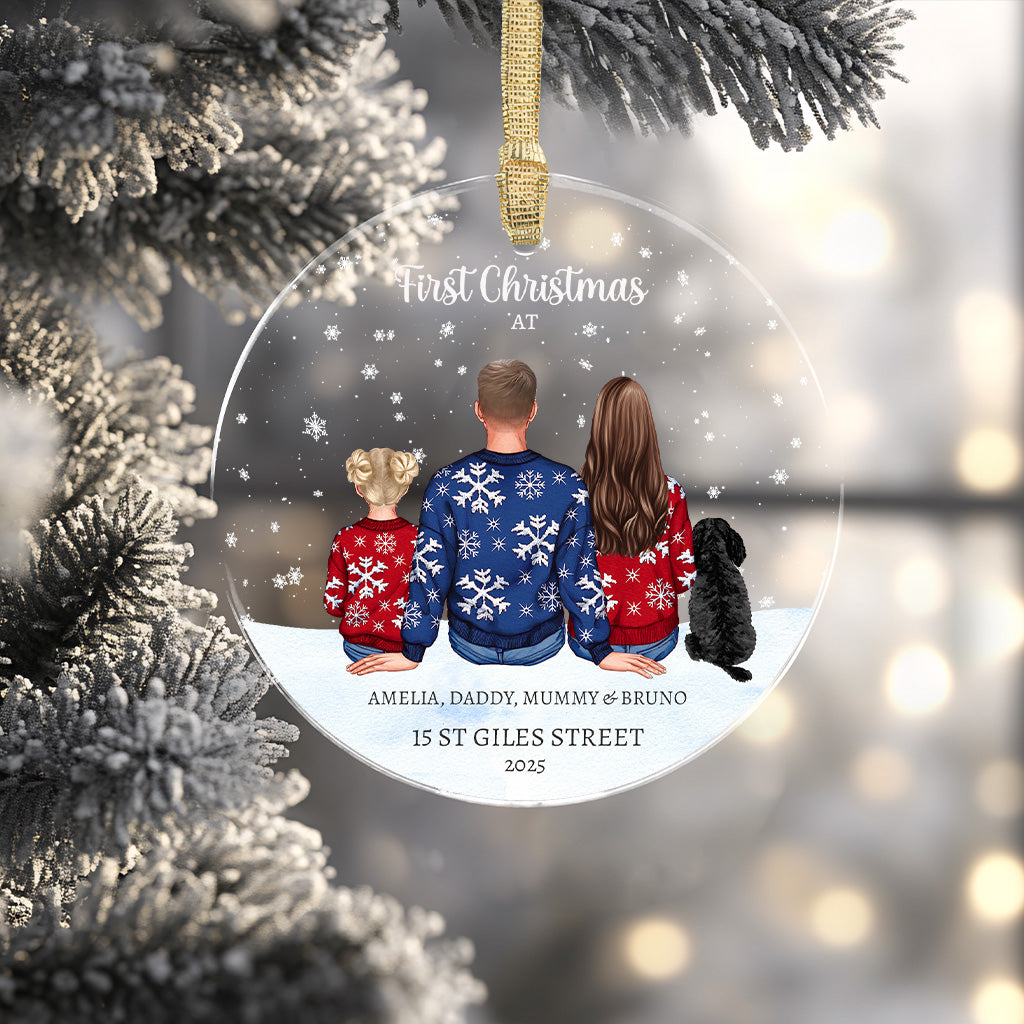 Personalised First Christmas in New Home bauble with family characters