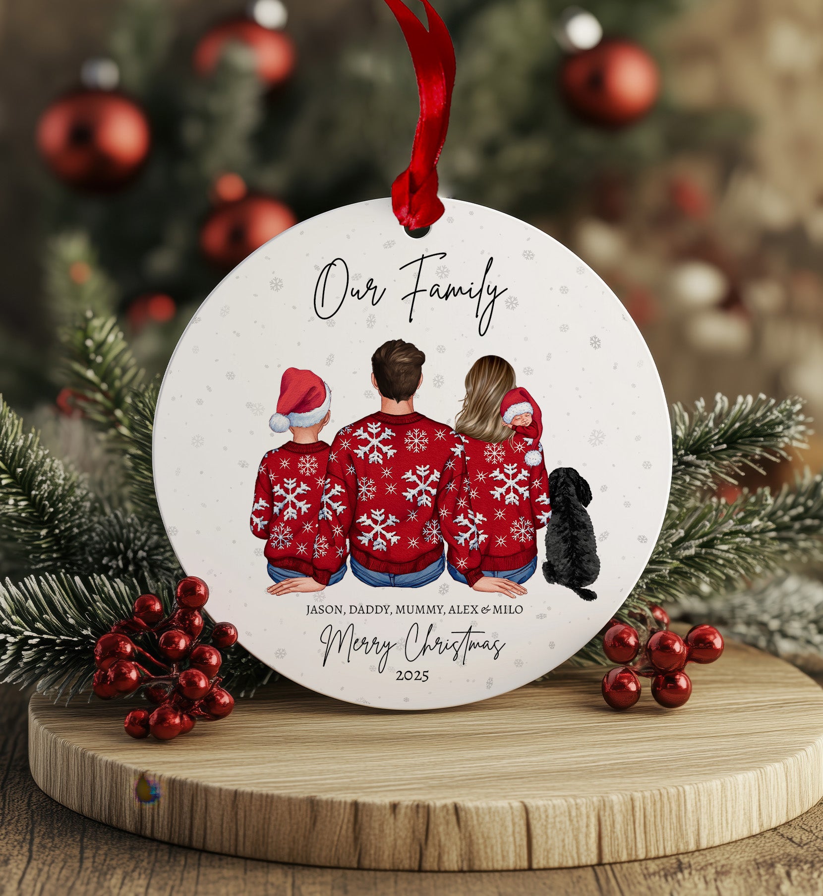 Personalised Our Family Christmas bauble with illustrated parents, children and dog on shatterproof acrylic.