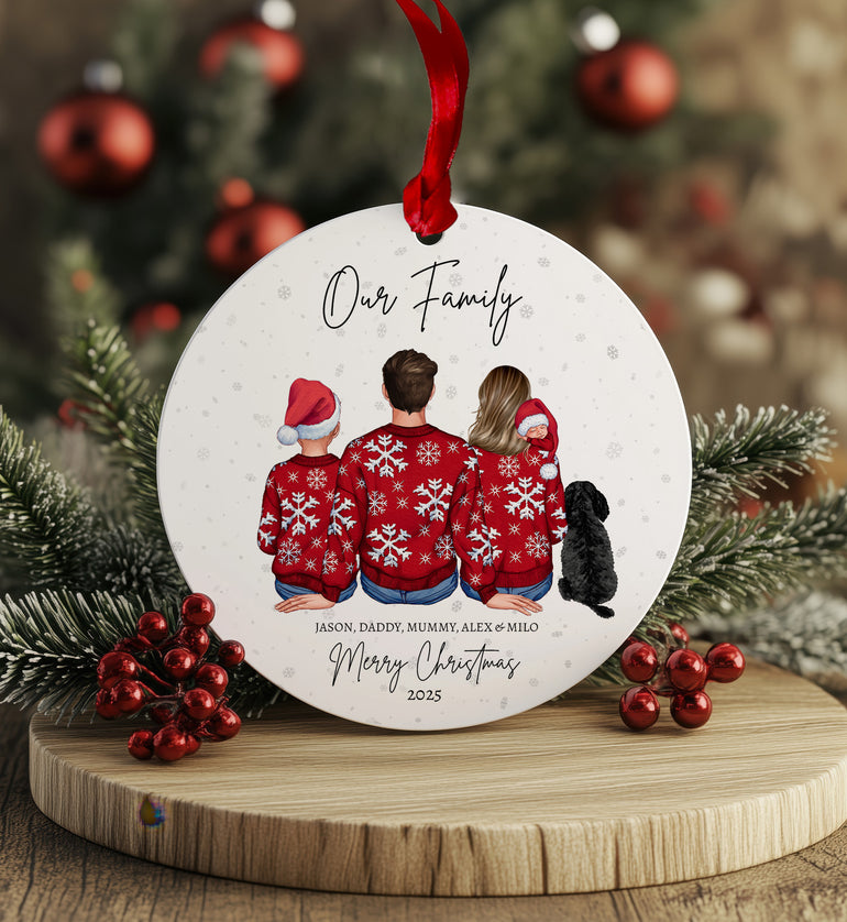 Personalised Our Family Christmas bauble with illustrated parents, children and dog on shatterproof acrylic.