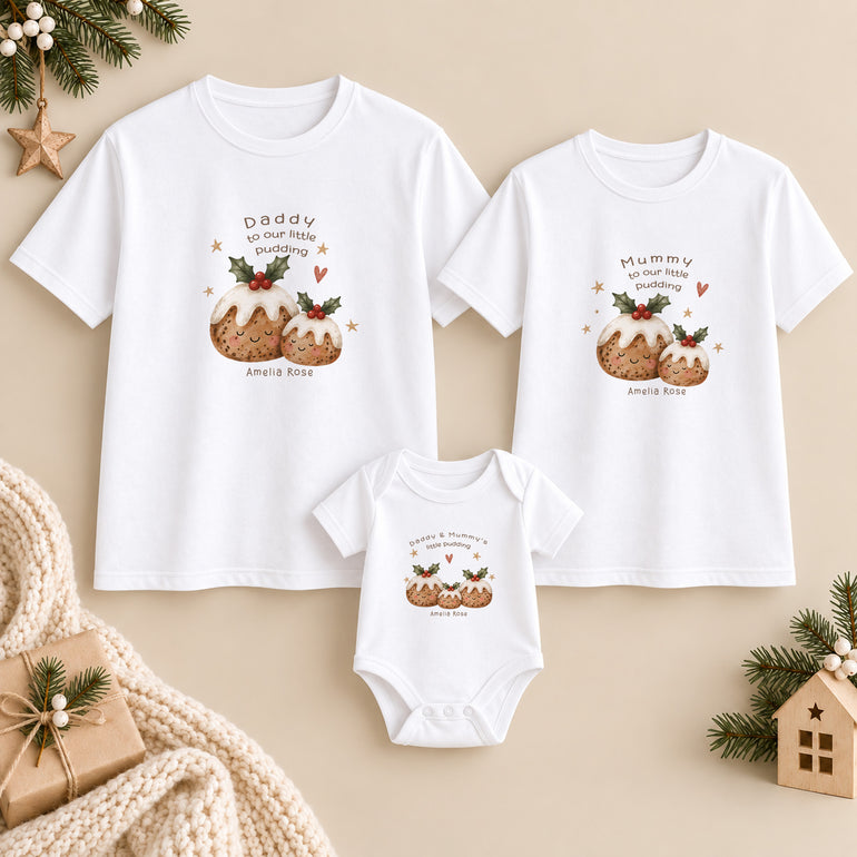 Personalised matching Mummy Daddy and baby Christmas clothing with Little Pudding family designs and child’s name